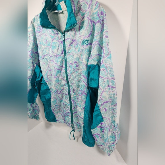 VINTAGE ASICS Womens Lightweight Windbreaker Running Full-Zip Large Green Tribal - Picture 2 of 11